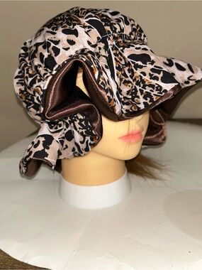 Silky Leopard Print Bonnet Hat in Brown with satin lining
